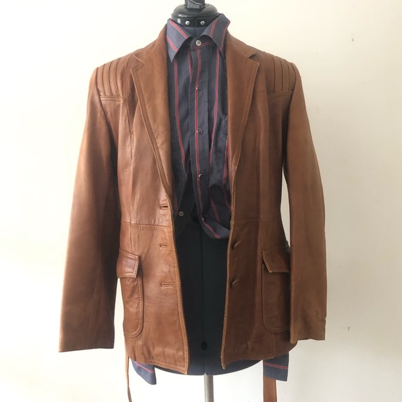 Vintage 70s Belted Leather Jacket Caramel Brown Leather Cognac Tailored Medium - Picture 6 of 16